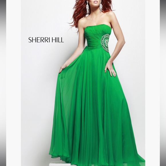 Sherri Hill EmeraldGreen Strapless PleatedTop Rhinestone/Jeweled Chiffon Dress 4 - Picture 1 of 16